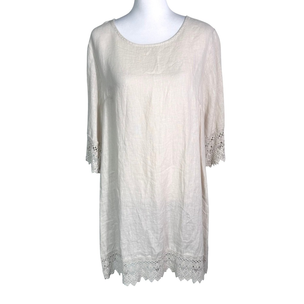 STELLA ROSA Womens Large 100% Linen Beige Crochet Lace Made in Italy Shift Dress